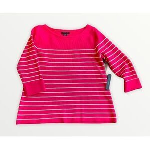 Tahari Pink and White Striped Crew Neck Sweater